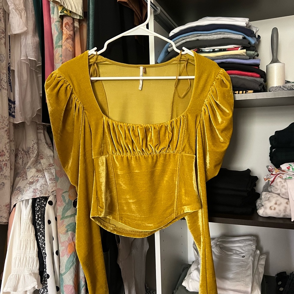 Free People Yellow Ruched Puff Sleeve Blouse